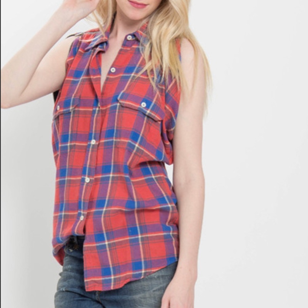 R13 Red & Blue Zipper Convertible Sleeveless Flannel Shirt
